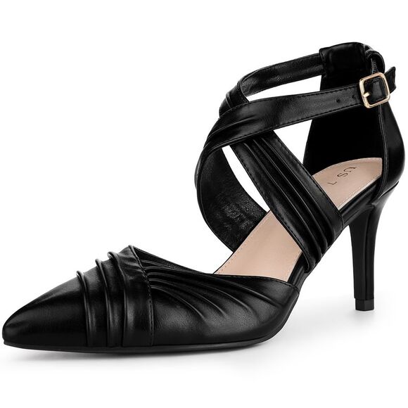 Women's Slouches Cross Strap Pointed Toe Stiletto Heels Pumps Black - Picture 1 of 5